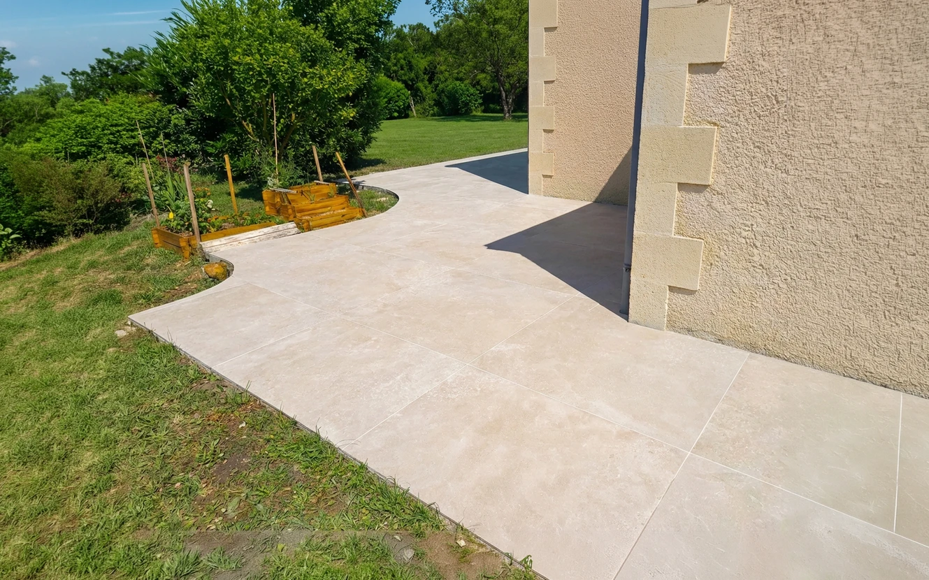 Terrasse extérieure en carrelage grès cérame grand format beige/crème, pose en opus régulier avec joints fins